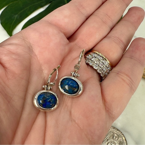 Sterling Silver 925 Lapis Lazuli Earrings Pierced Dangle Signed Natural Blue - Picture 2 of 7